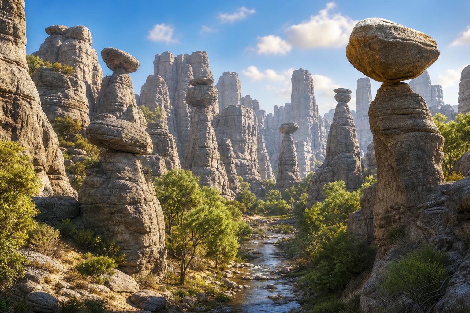 Tall rock towers and balanced boulders rise from a desert canyon with green trees below.
