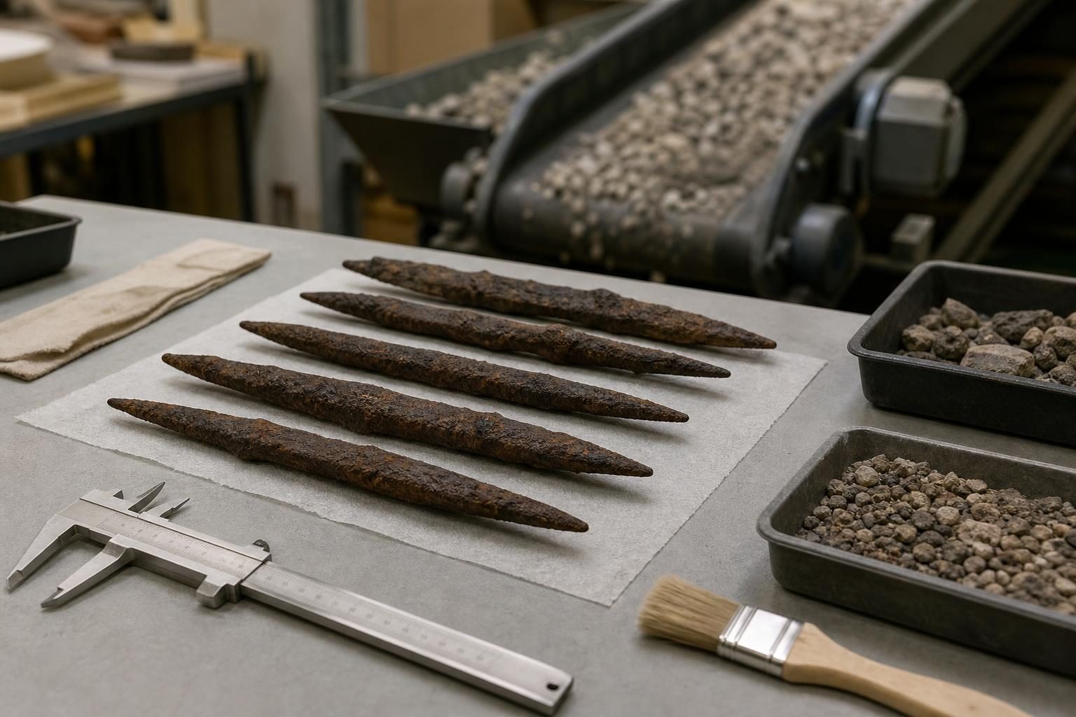 Rusted prehistoric iron bars rest on a lab table with measuring tools and gravel nearby.