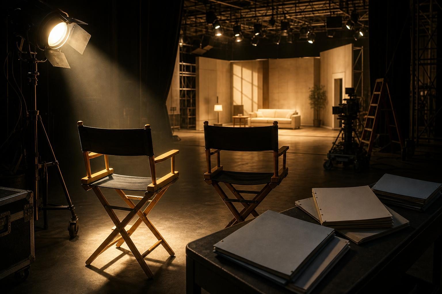 Un set de cine vacío muestra sillas de director y guiones bajo una iluminación desigual.