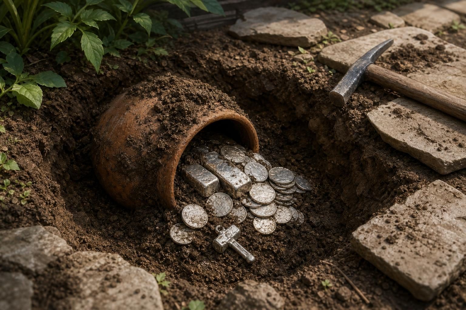 A clay pot and silver objects are partly uncovered in a backyard digging area.