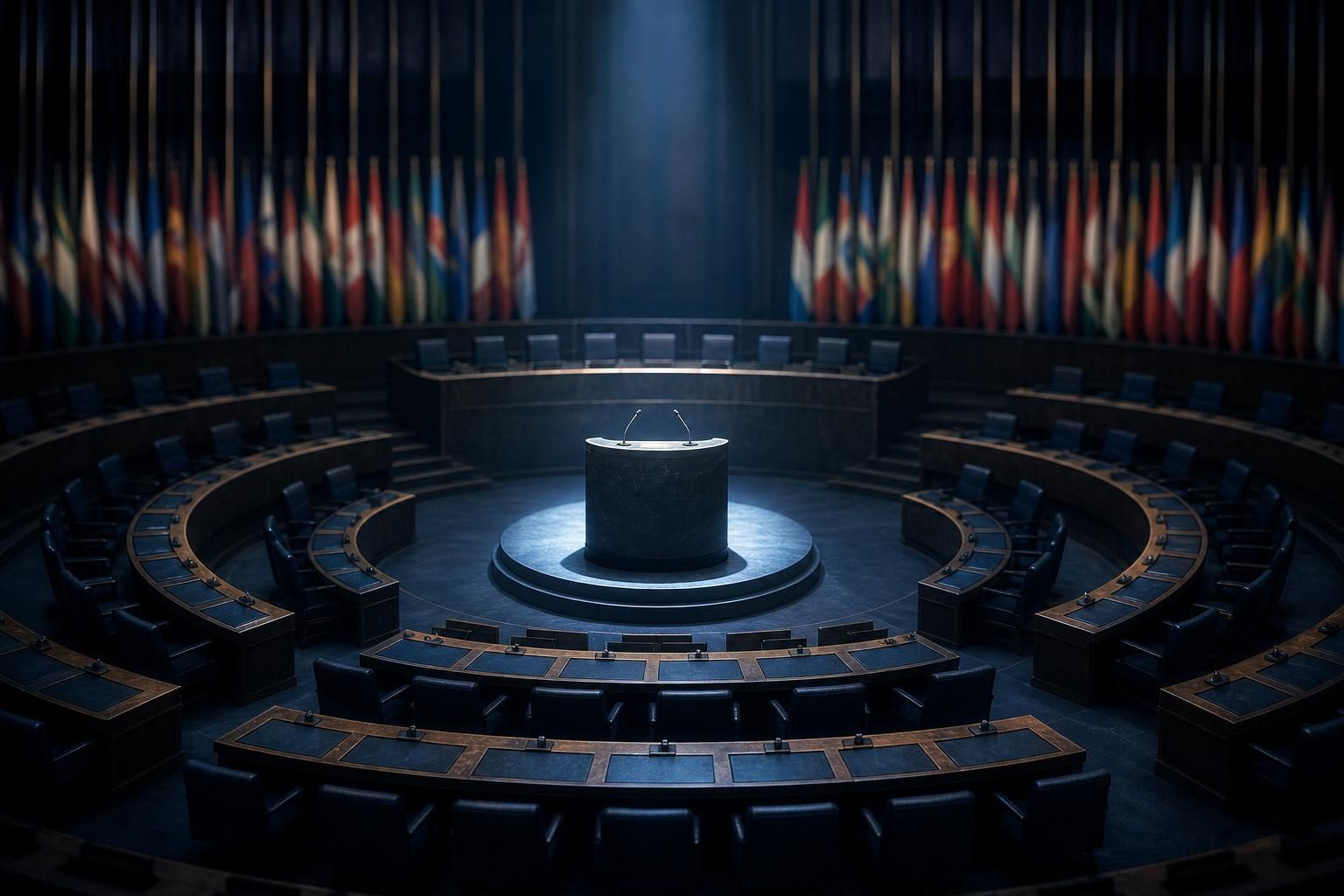 Un salón vacío de una asamblea mundial con un podio iluminado y banderas sin marcas al fondo.