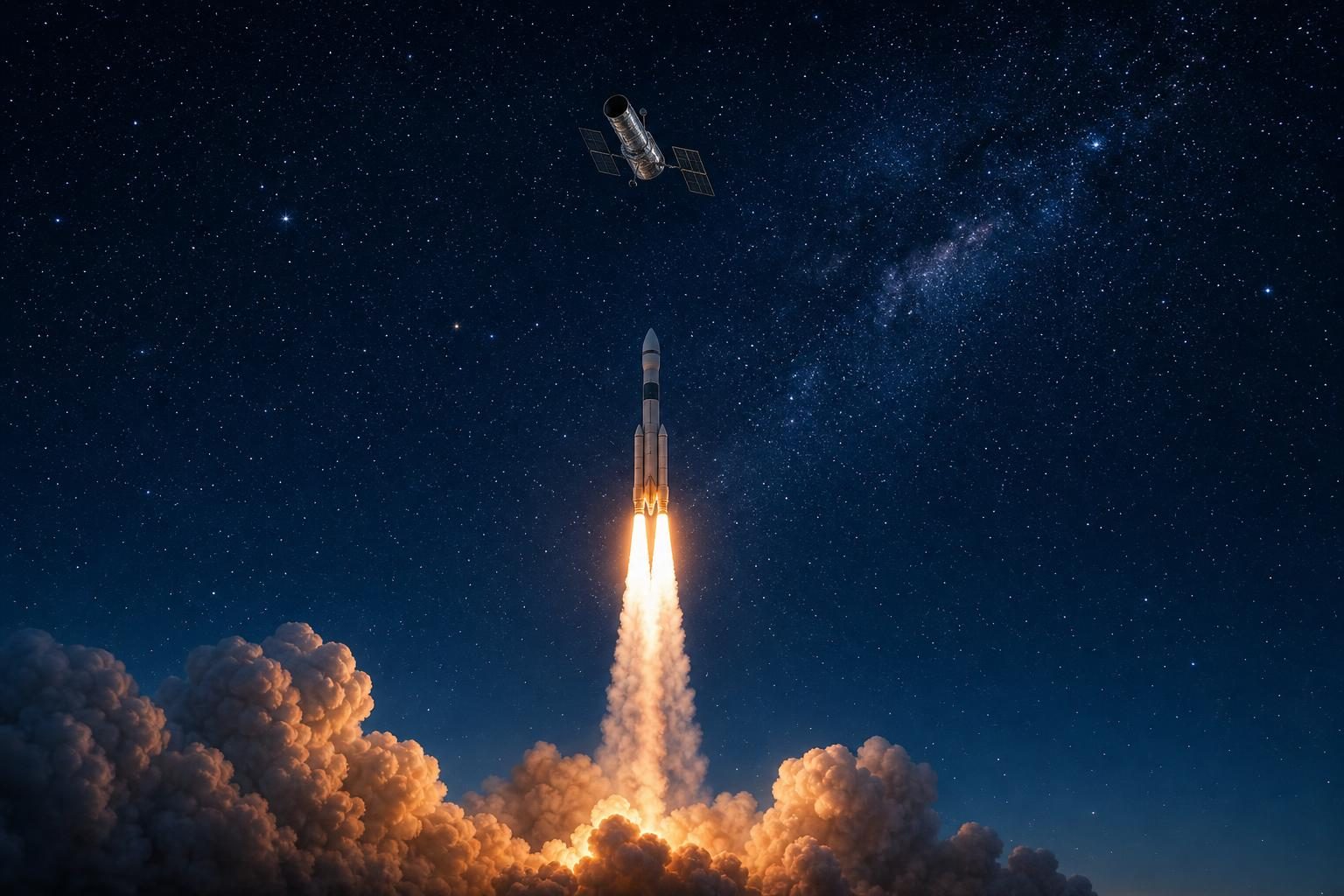 A rocket launches beneath a wide starry sky, suggesting a new telescope beginning its search.