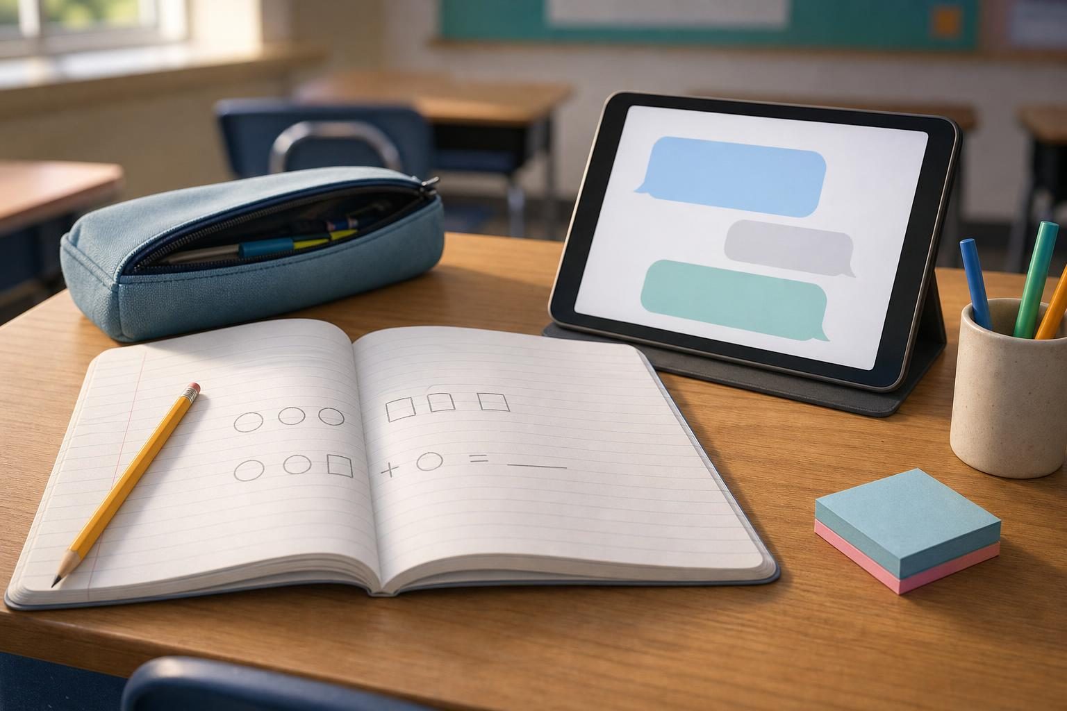A notebook, pencil, and tablet sit on a classroom desk while a math problem is partly finished.
