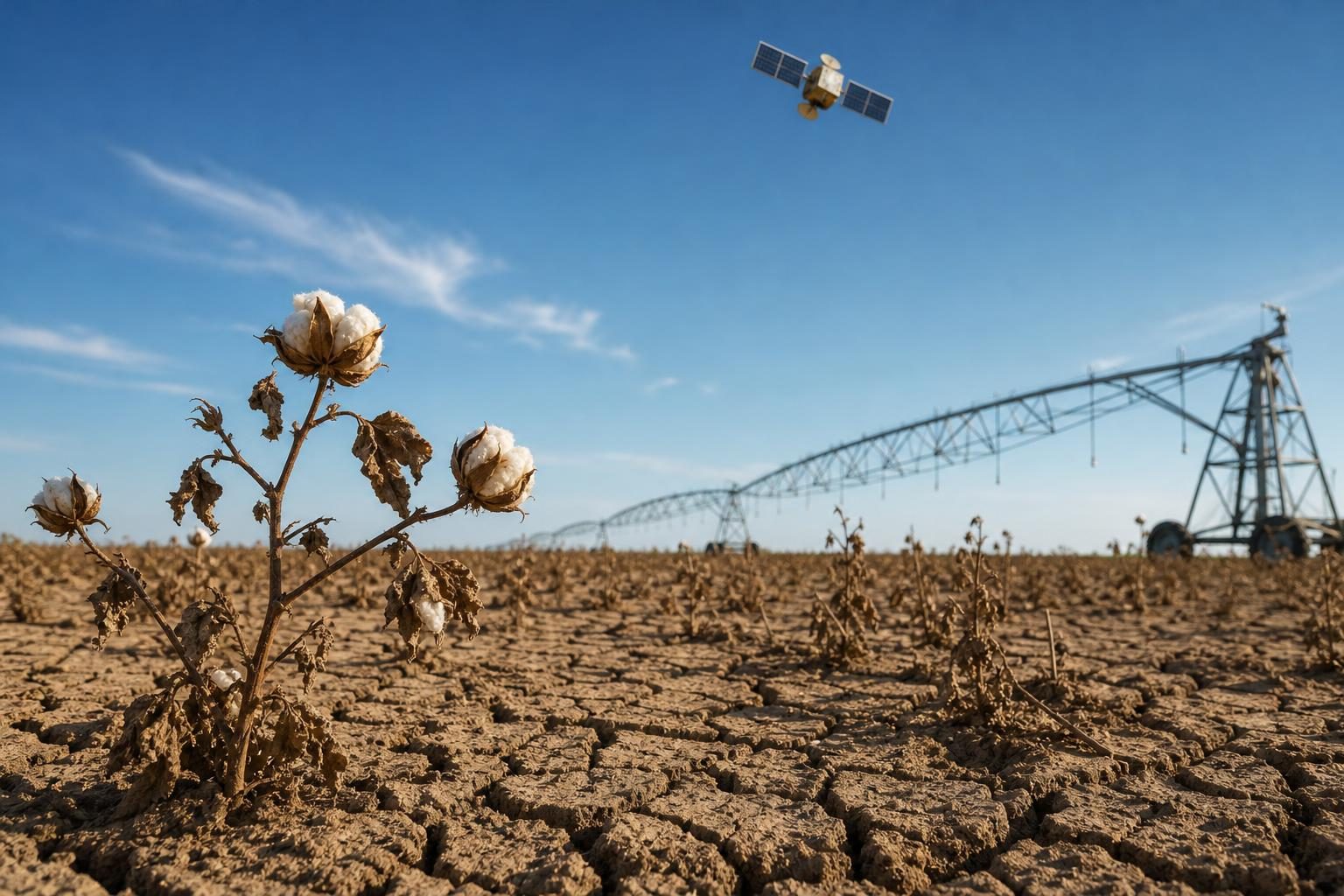 Un campo de algodón seco con suelo agrietado, un sistema de riego a lo lejos y un satélite sobrevolando.