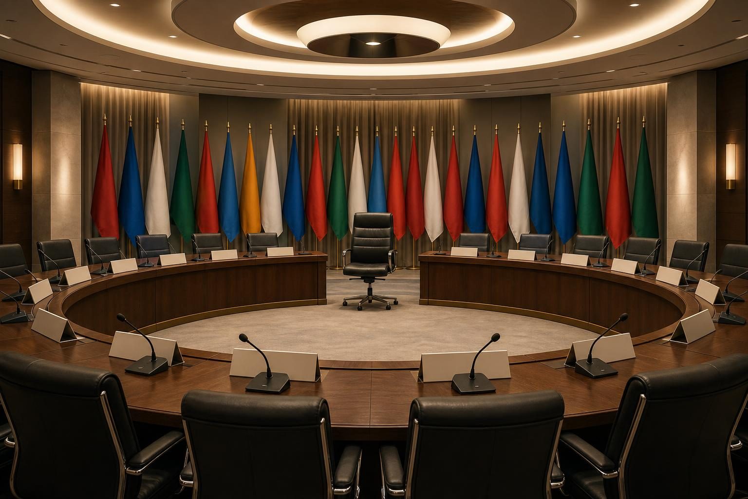 An empty global meeting room with flags and a central chair waiting for the next leader.