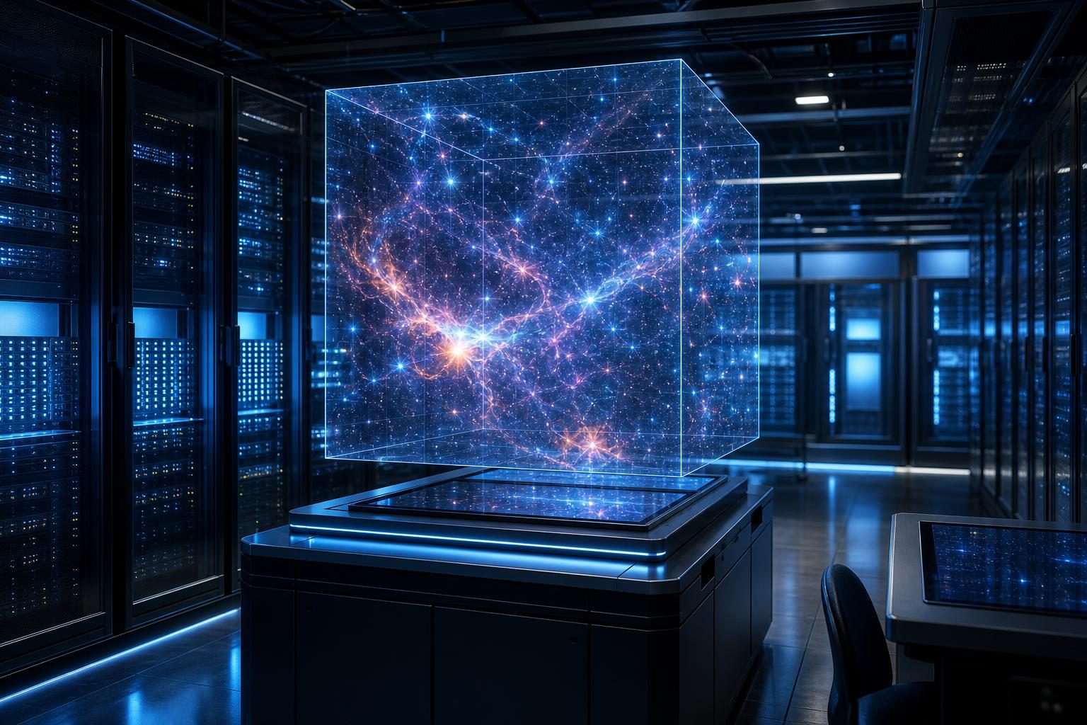 Una sala de supercomputadoras muestra, sobre una estación de trabajo, un cubo brillante de estrellas simuladas y gas cósmico.
