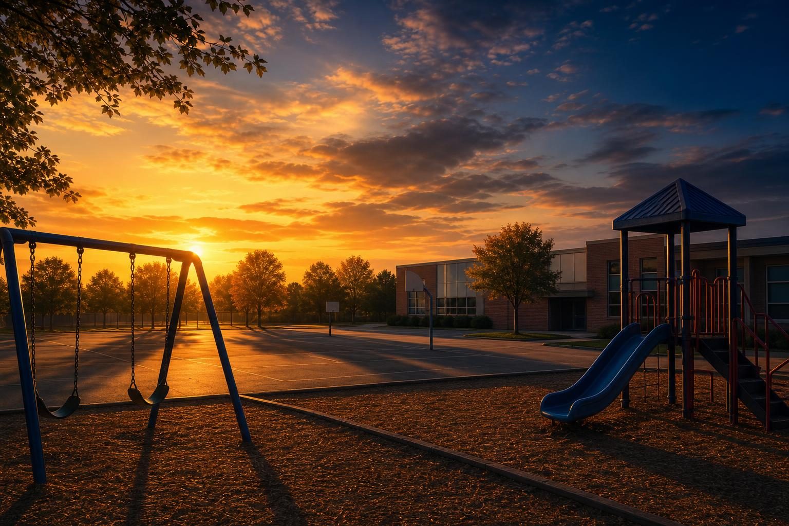 A school playground at sunset shows long shadows and a sky changing from orange to blue.