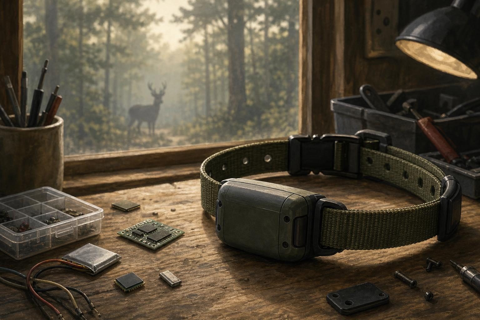Un collar de rastreo para fauna silvestre con un pequeño módulo sensor está sobre una mesa de trabajo cerca de una escena de bosque con humo.