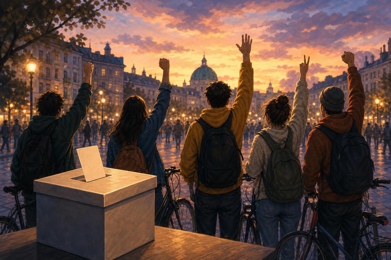 Jóvenes con bicicletas se reúnen cerca de una urna en una plaza de la ciudad después de una elección.