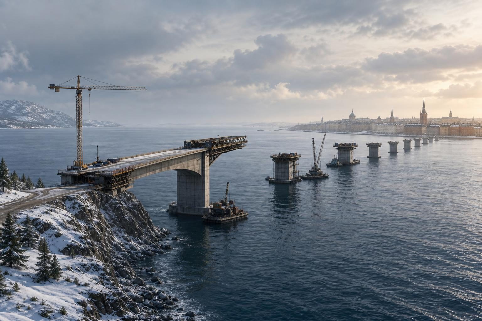 A partly built bridge crosses water between a snowy coast and a distant city, symbolizing a proposed Canada-Europe partnership.