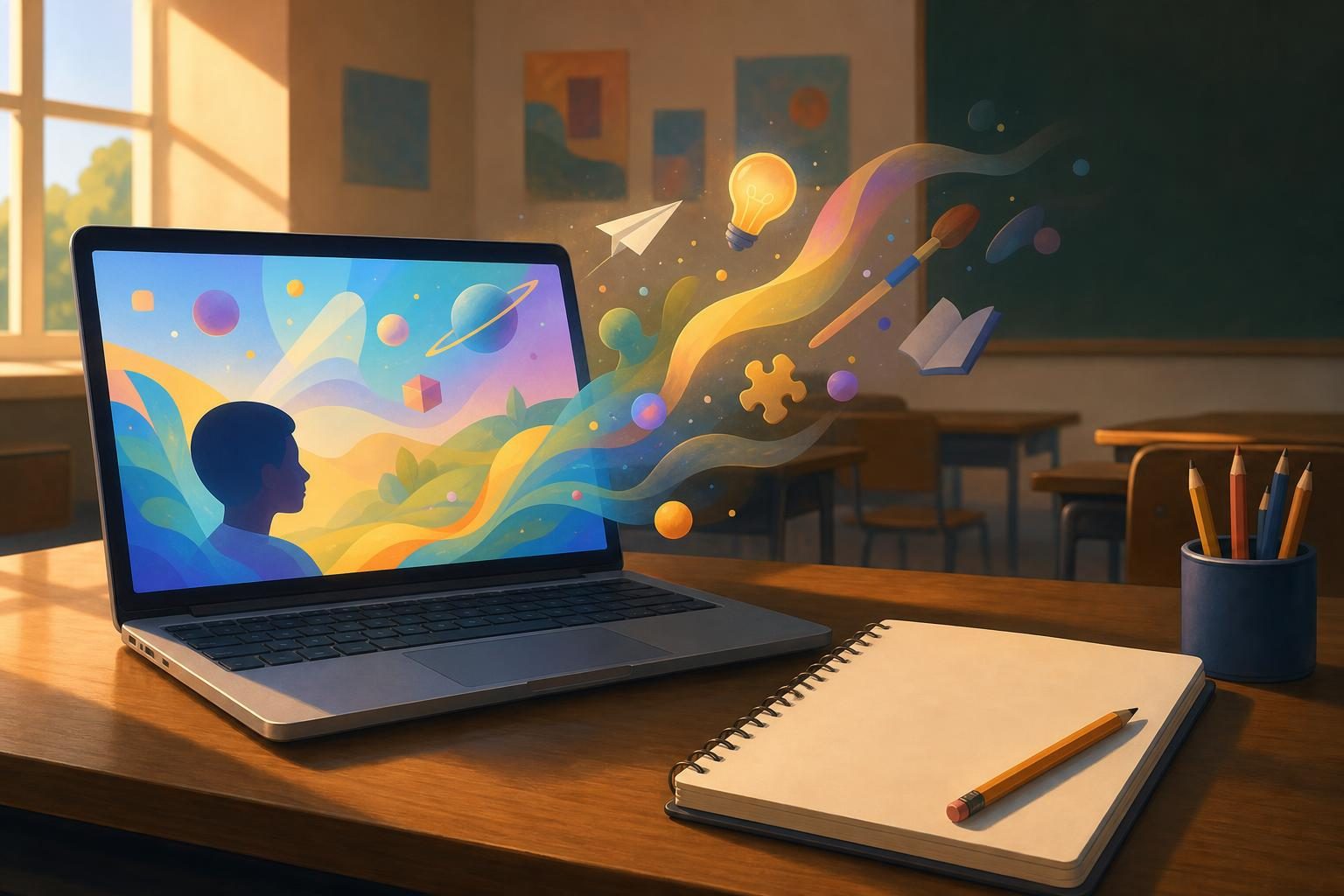 A laptop with a colorful education app sits beside a notebook and pencil on a classroom desk.