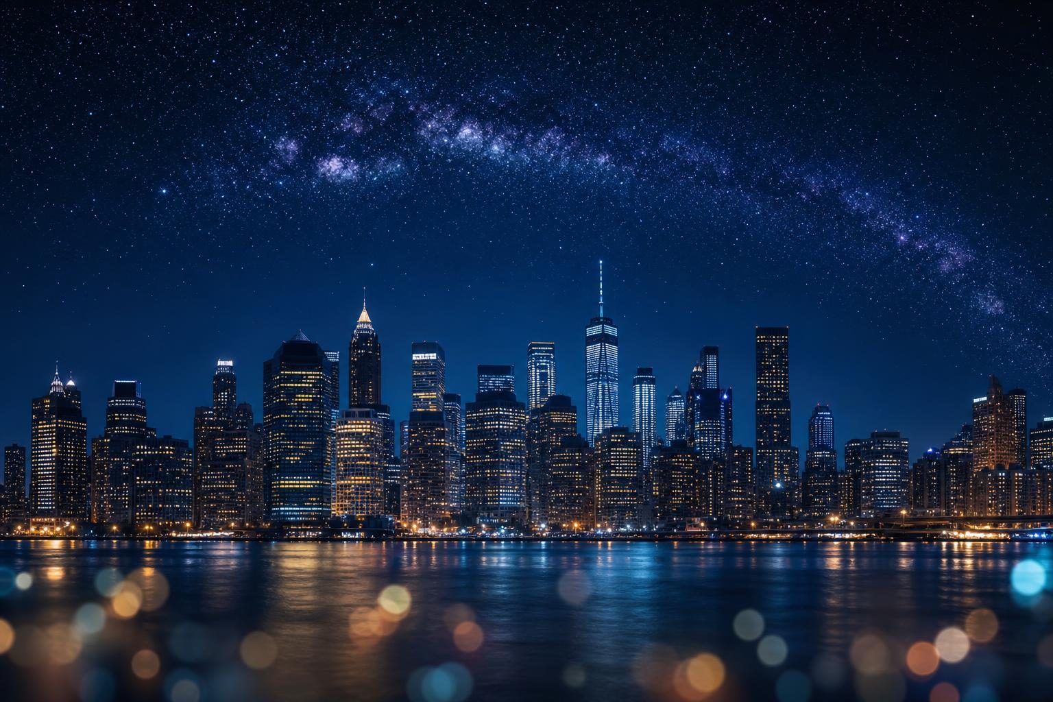 A bright city skyline sits below a faint band of Milky Way stars in the night sky.