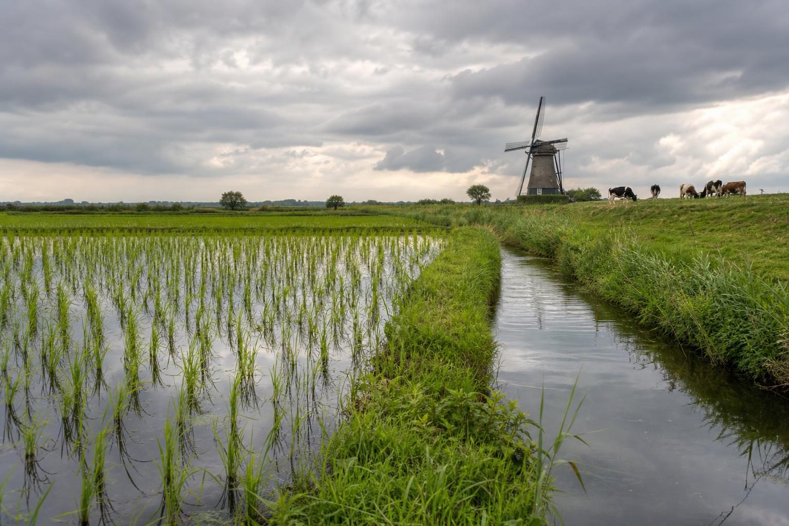 Plantas de arroz crecen en un campo neerlandés inundado cerca de un canal, con vacas y un molino de viento a lo lejos.
