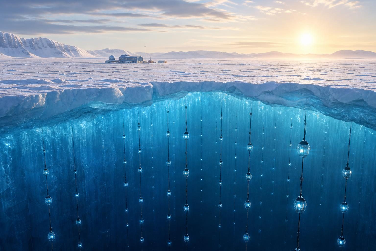 Una ilustración en corte muestra cadenas de sensores incrustadas profundamente en el hielo antártico cerca de una estación de investigación remota.