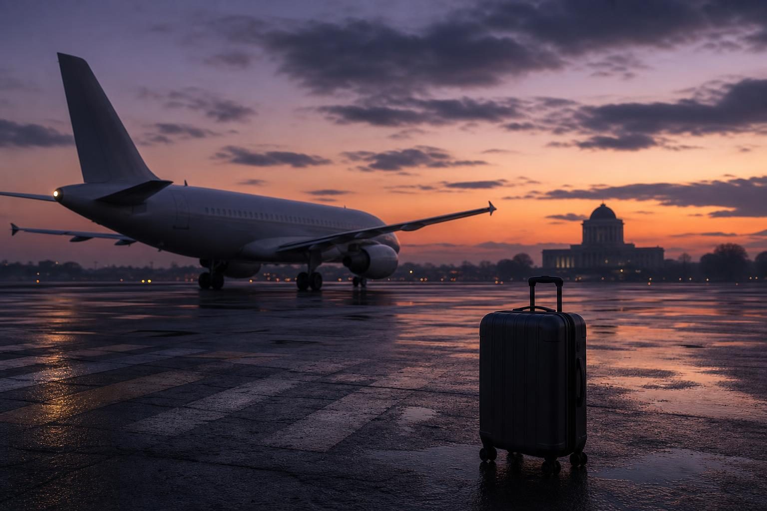 Un avión sin marcas, la silueta de un tribunal y una maleta sugieren una disputa legal sobre vuelos de deportación.