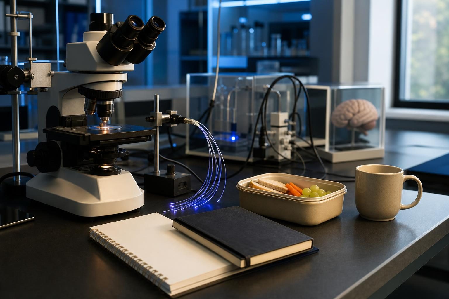 A lab bench with neuroscience equipment and a school lunch represents scientific work balanced with daily responsibilities.