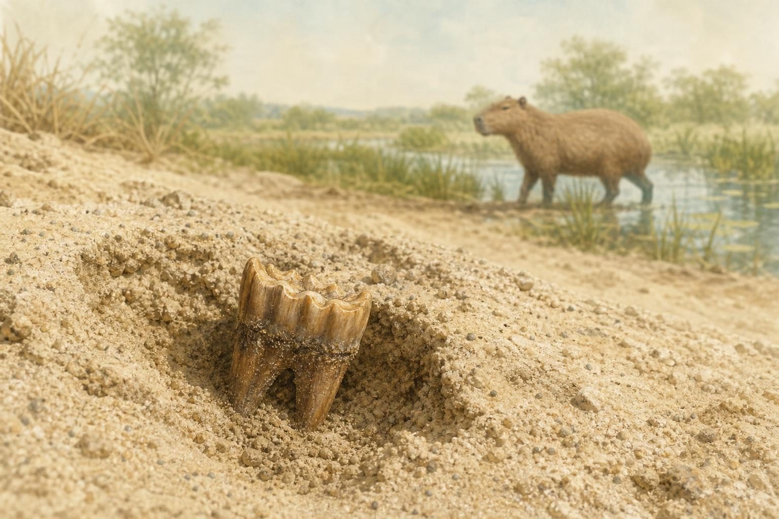 A fossil tooth lies in desert sand with a faded image of a capybara-like animal beside water behind it.
