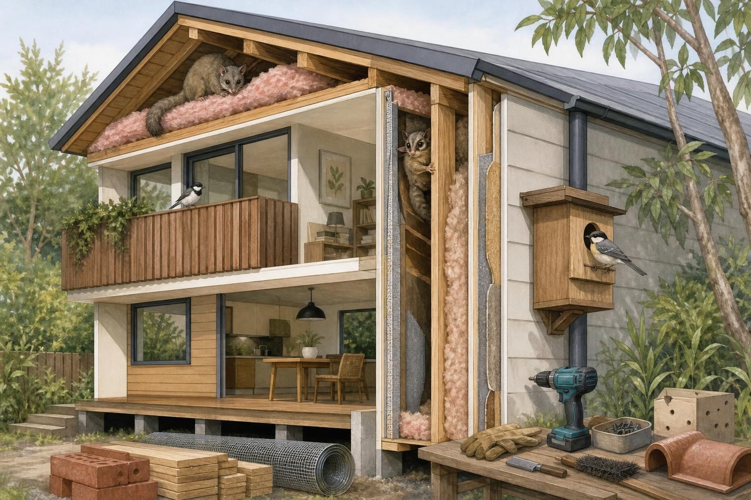 Una ilustración de una casa en corte muestra animales silvestres refugiándose en espacios incorporados y accidentales alrededor de una vivienda.