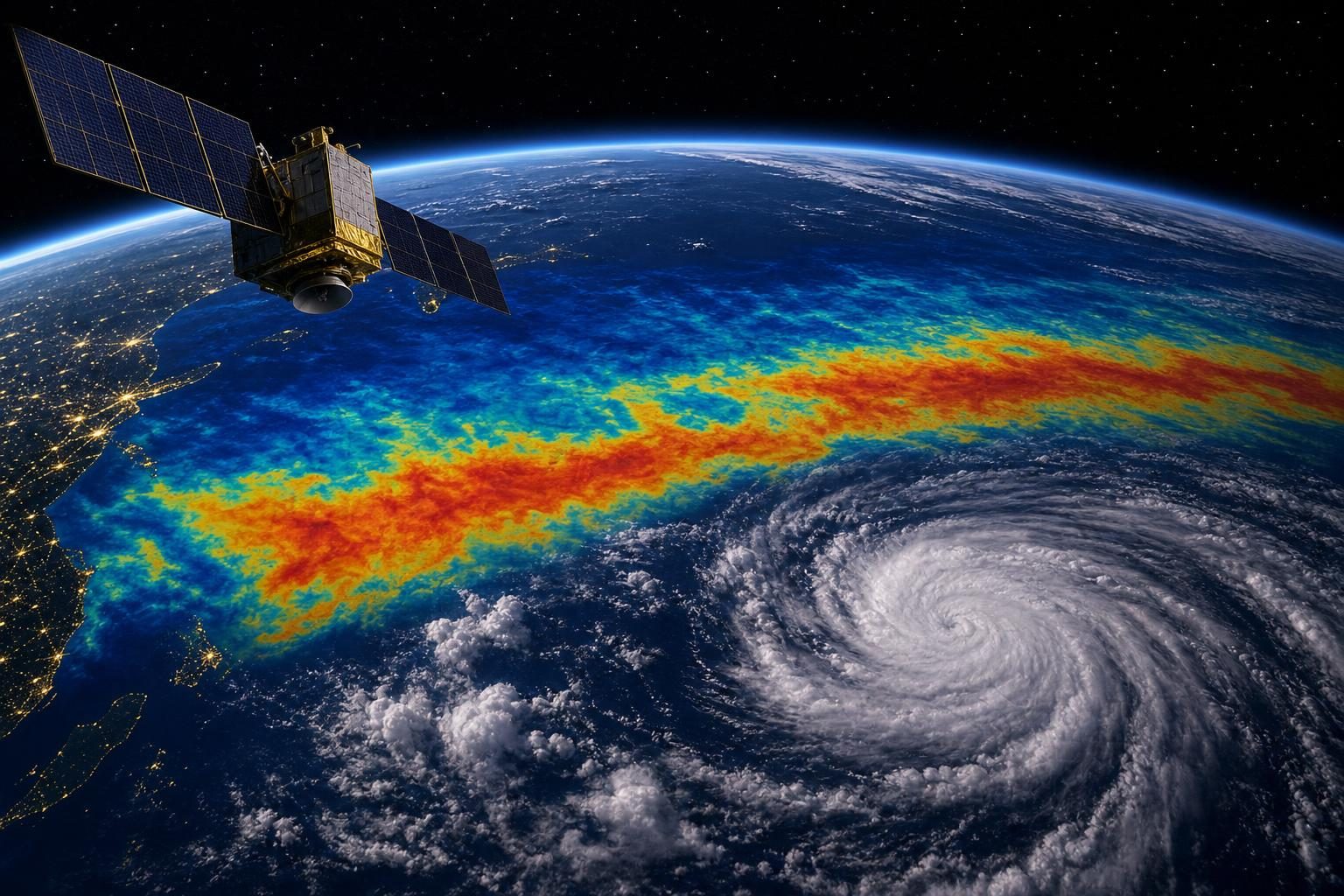 Un satélite observa desde arriba de la Tierra amplias franjas de agua cálida y nubes sobre el océano Pacífico.
