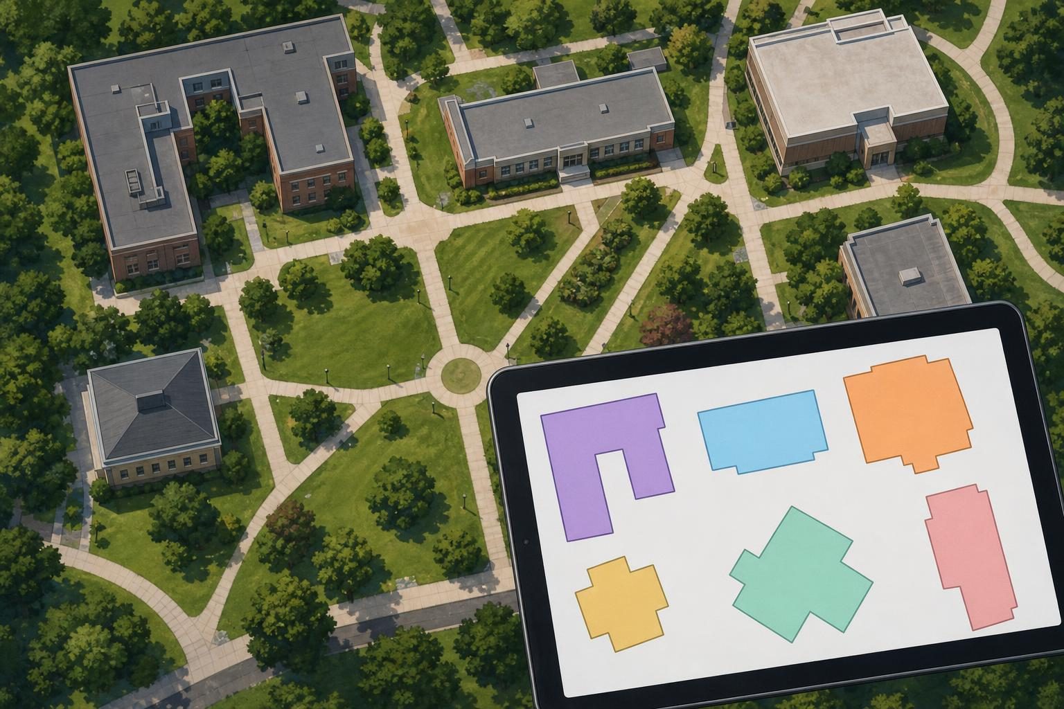 A tablet displays an unlabeled campus map with colored building outlines beside a walkway and buildings.