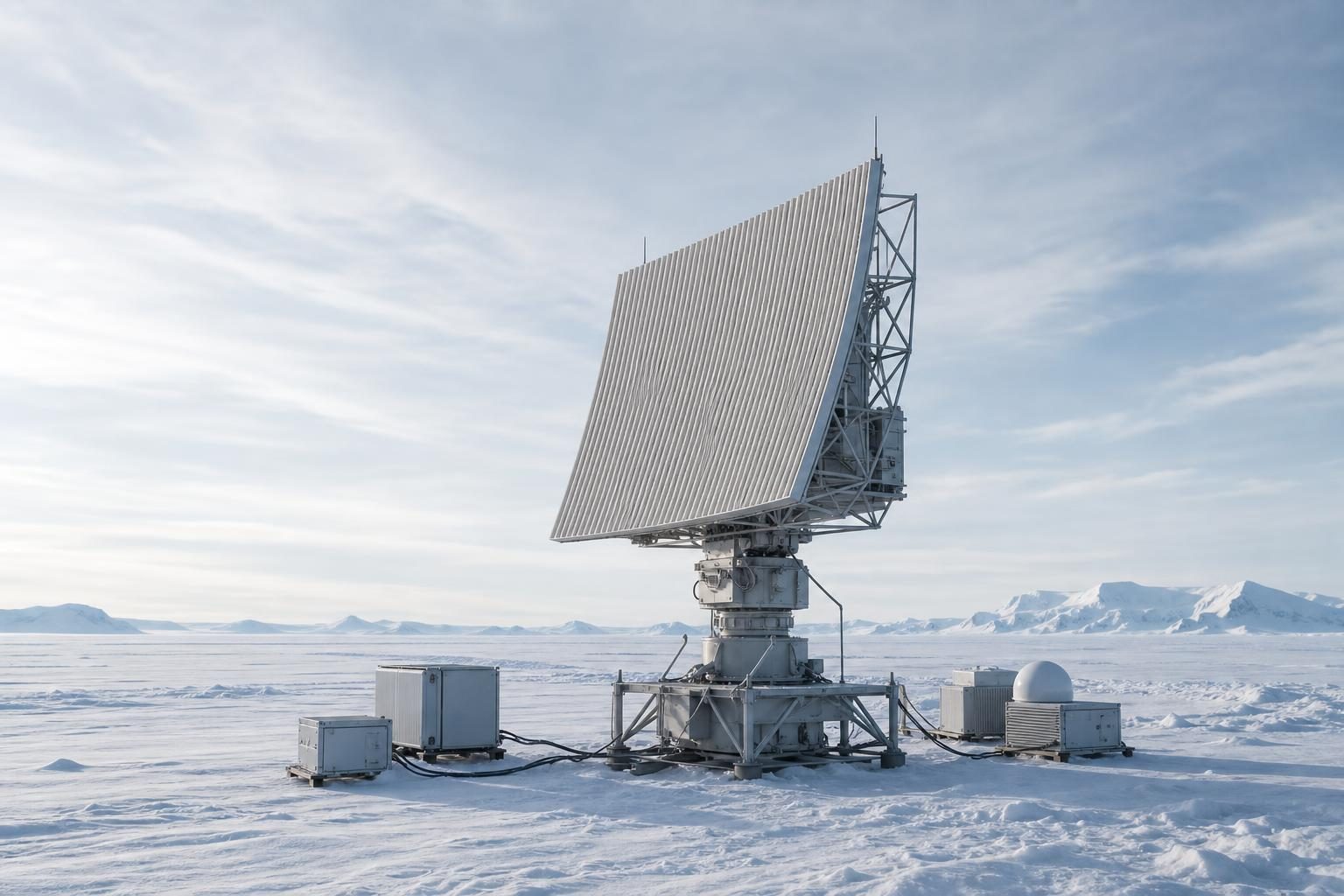 Una instalación de radar está sola sobre el hielo antártico y representa los instrumentos meteorológicos remotos que se usan para mejorar los pronósticos.