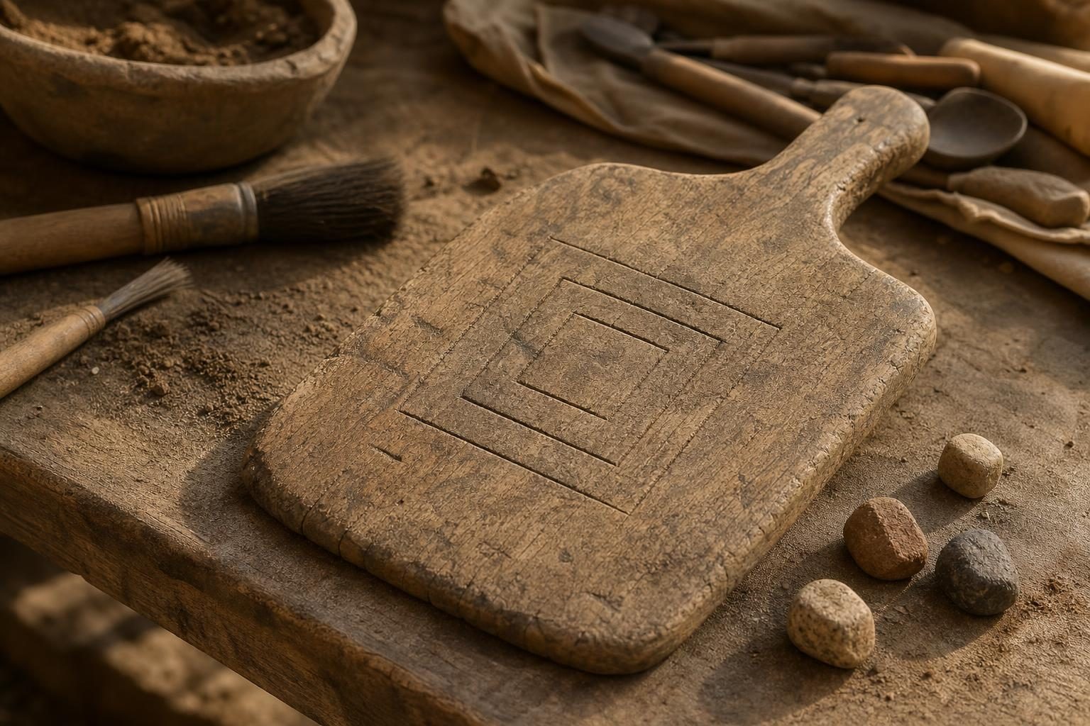 A carved wooden bread paddle lies beside small stones, suggesting an old kitchen tool that may have doubled as a game board.
