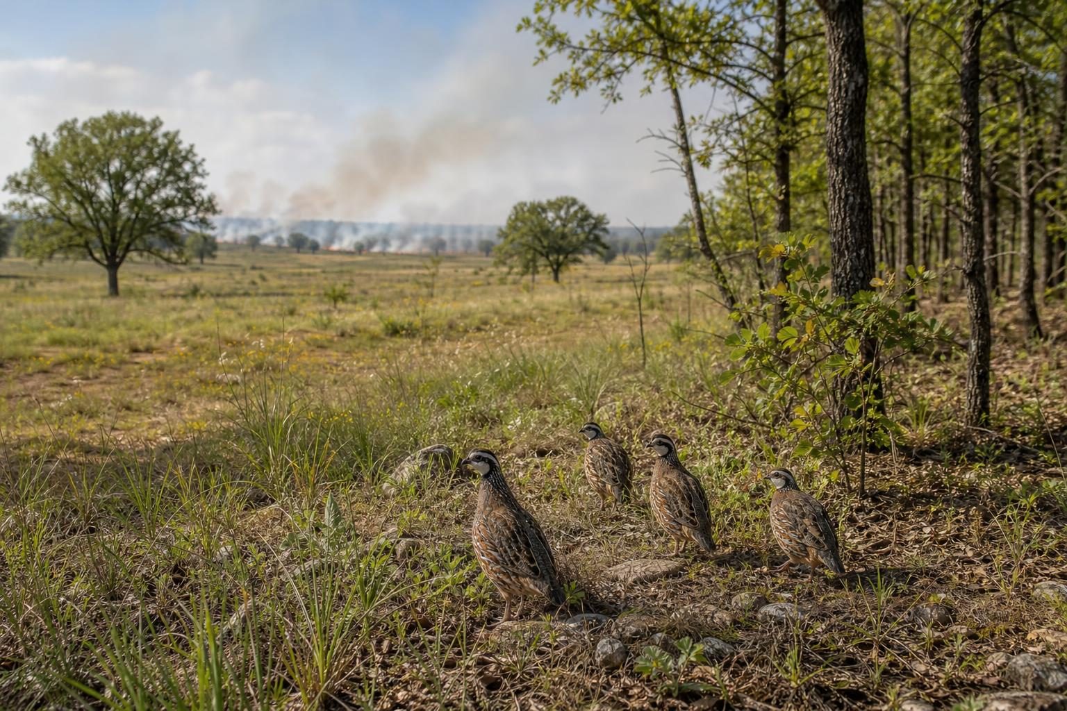Codornices bobwhite están en una sabana abierta restaurada con árboles dispersos y humo ligero a lo lejos.