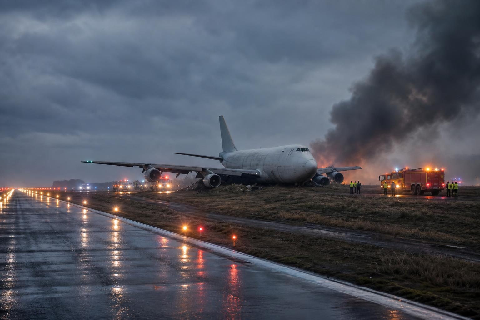 Un avión de carga está fuera del extremo de una pista mientras vehículos de emergencia responden cerca.
