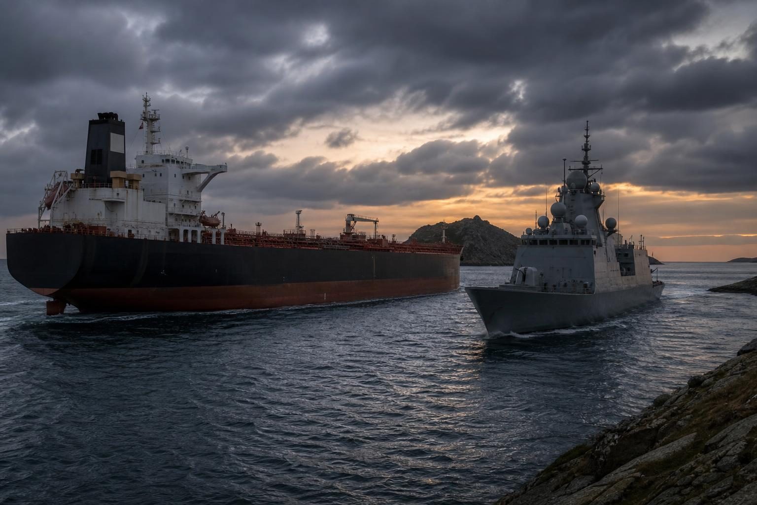 An oil tanker and a naval ship move through a narrow waterway under a stormy sky.