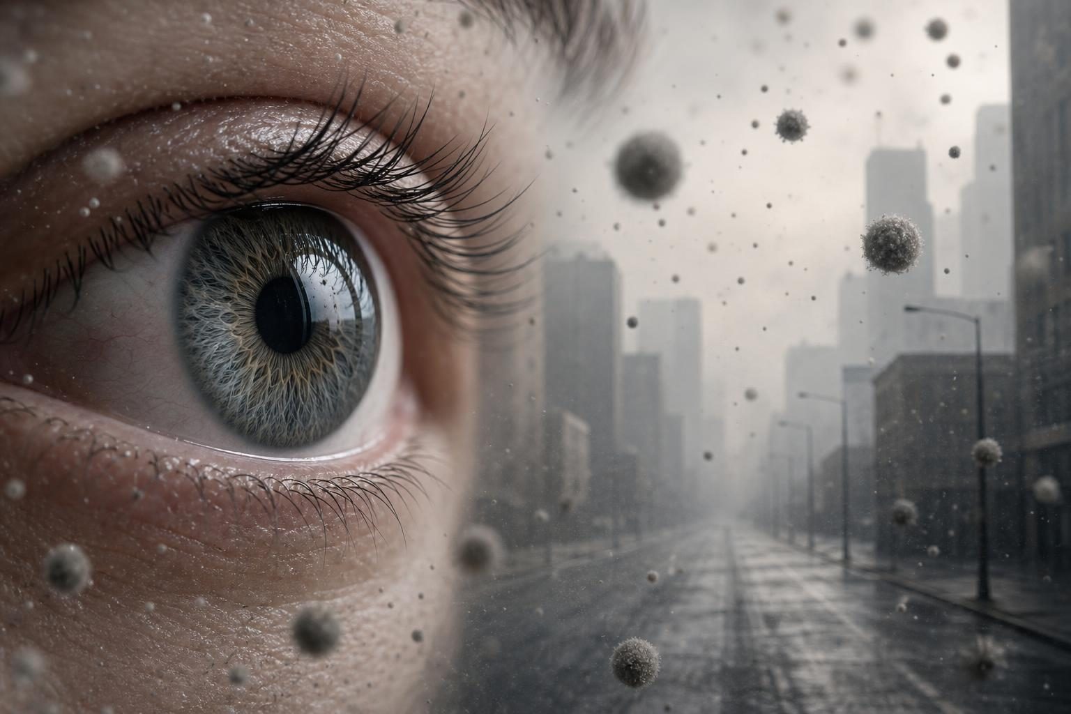 A human eye is shown near tiny air particles with a hazy city street in the background.