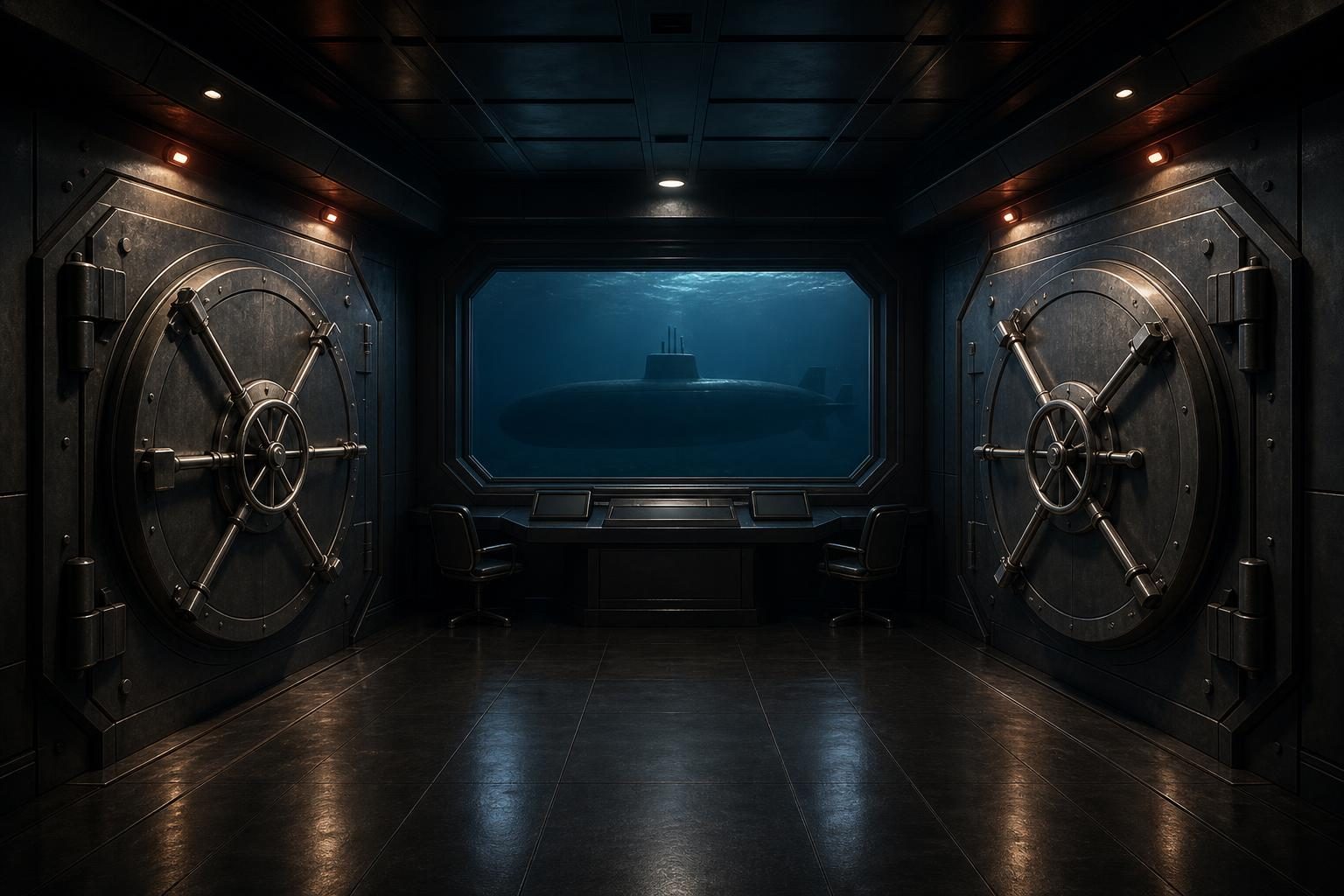 Dos bóvedas cerradas se enfrentan en una habitación oscura mientras la silueta de un submarino sugiere disuasión nuclear y seguridad.