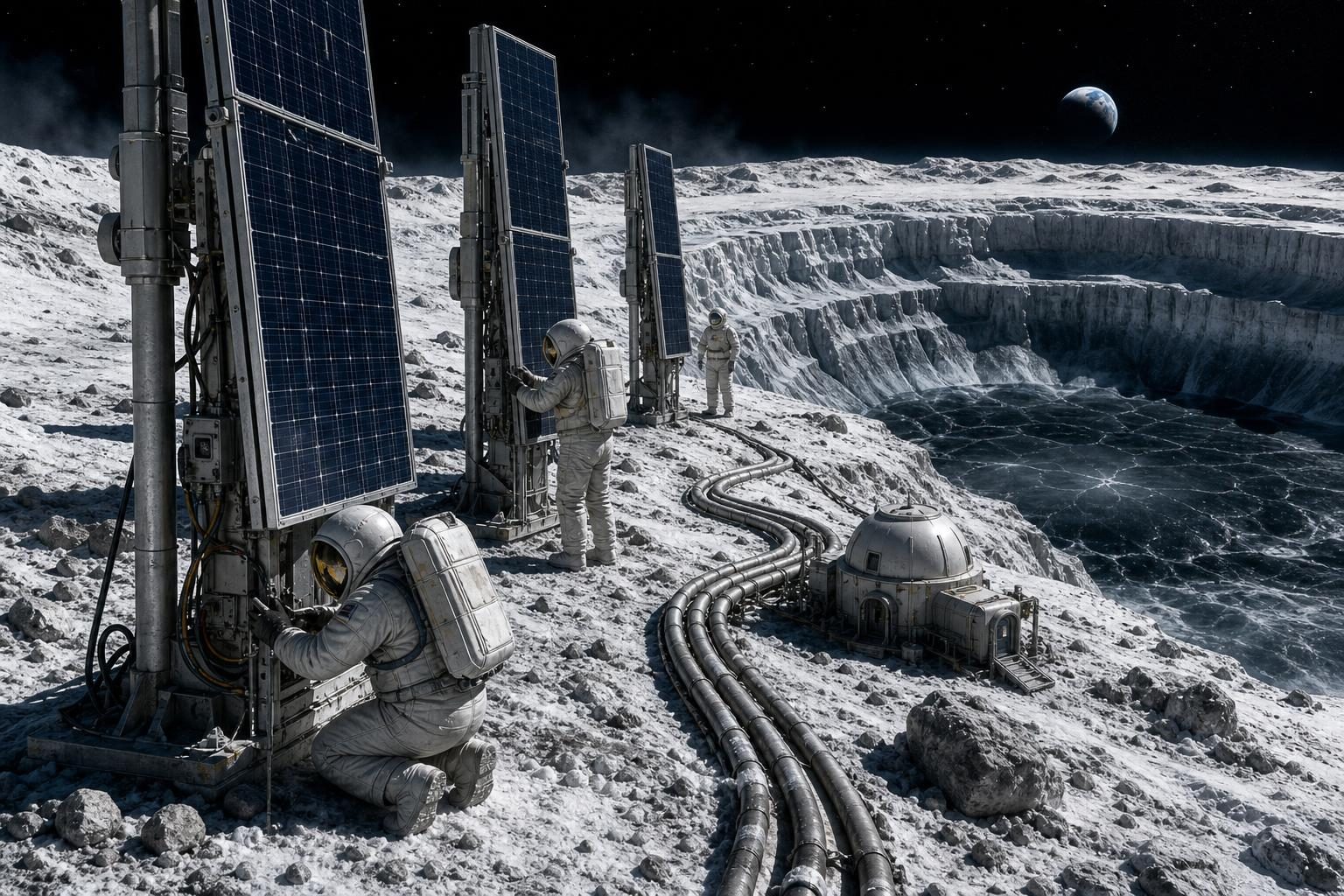 Spacesuited technicians inspect solar towers and utility pipes near a shadowed lunar crater.