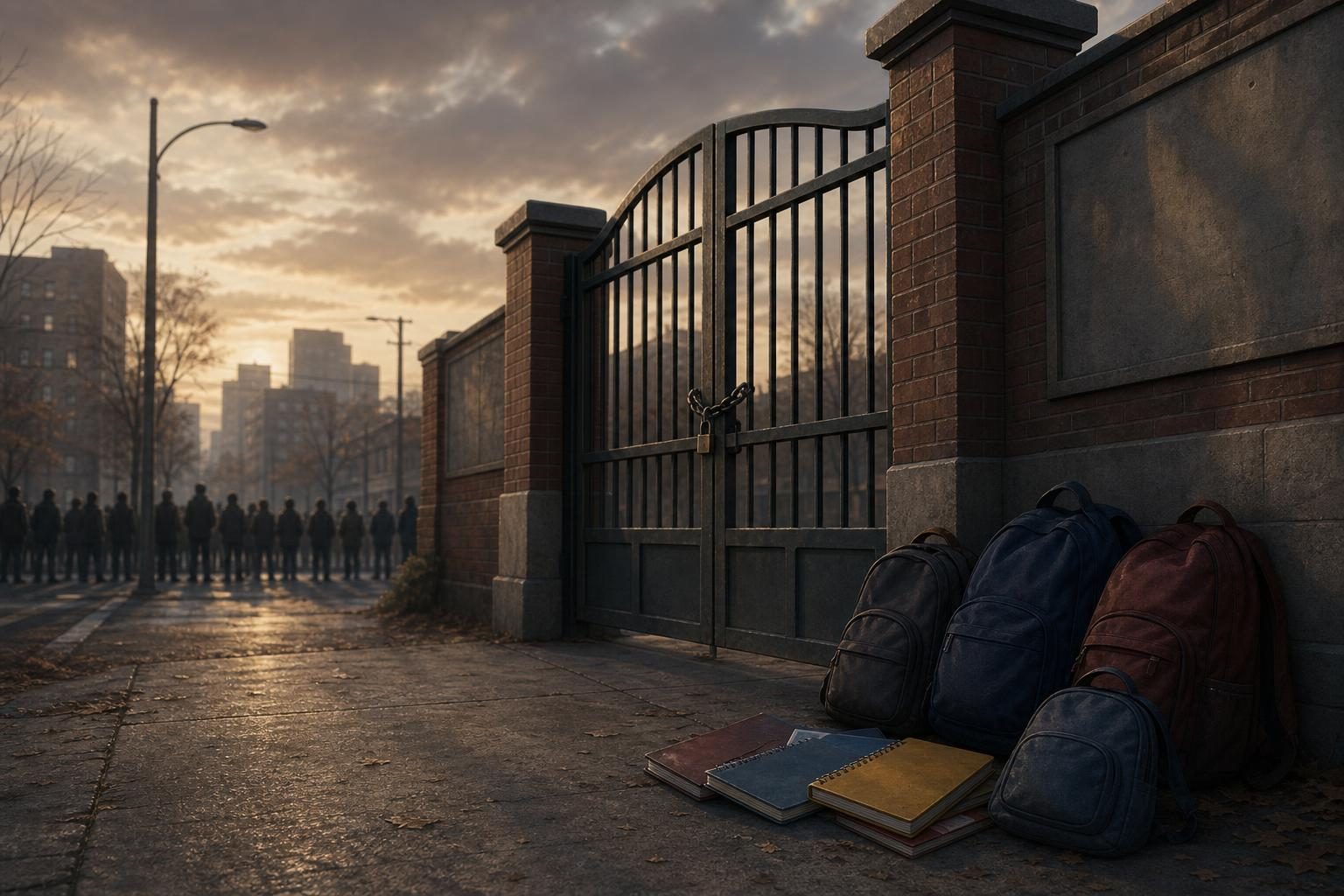 A closed school entrance with backpacks nearby suggests school closures during student protests.