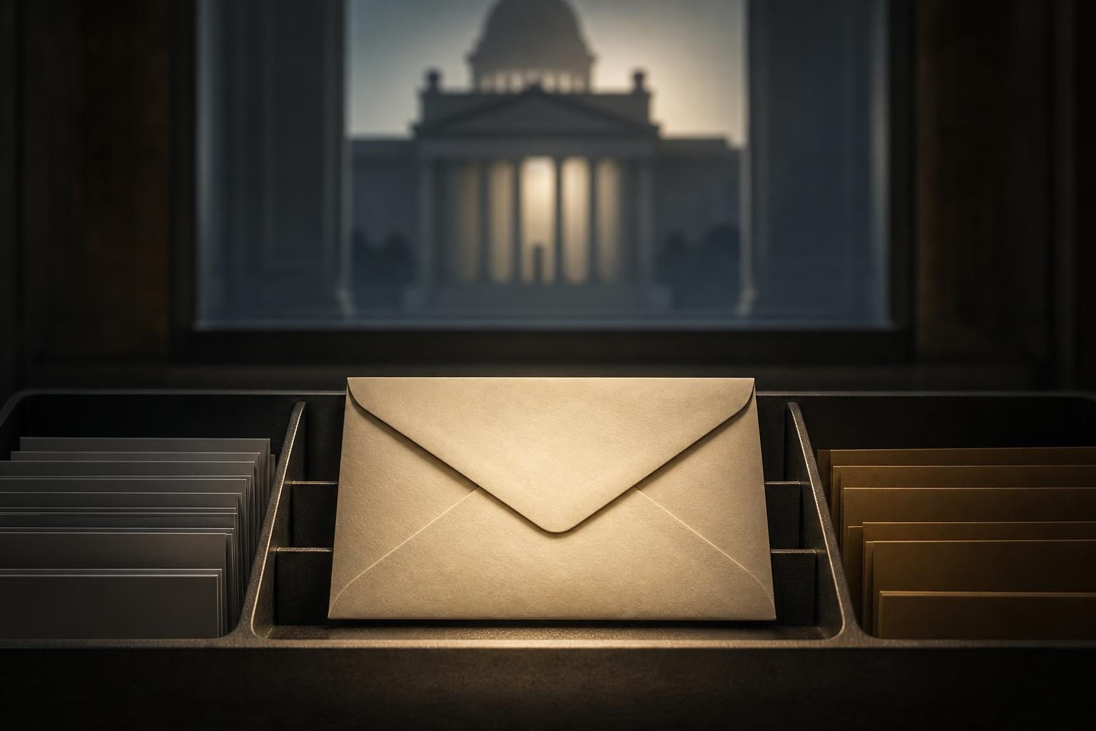 A blank sealed envelope sits in a mail tray with a courthouse silhouette behind it.