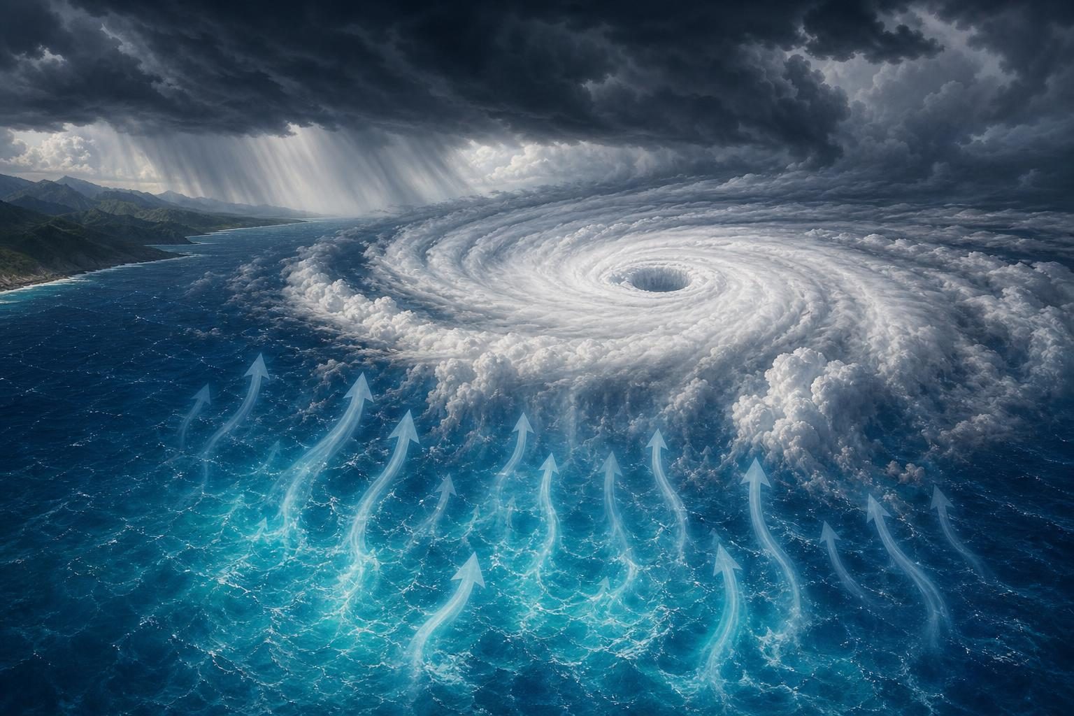 A large spiral hurricane swirls over the ocean near a distant coast.