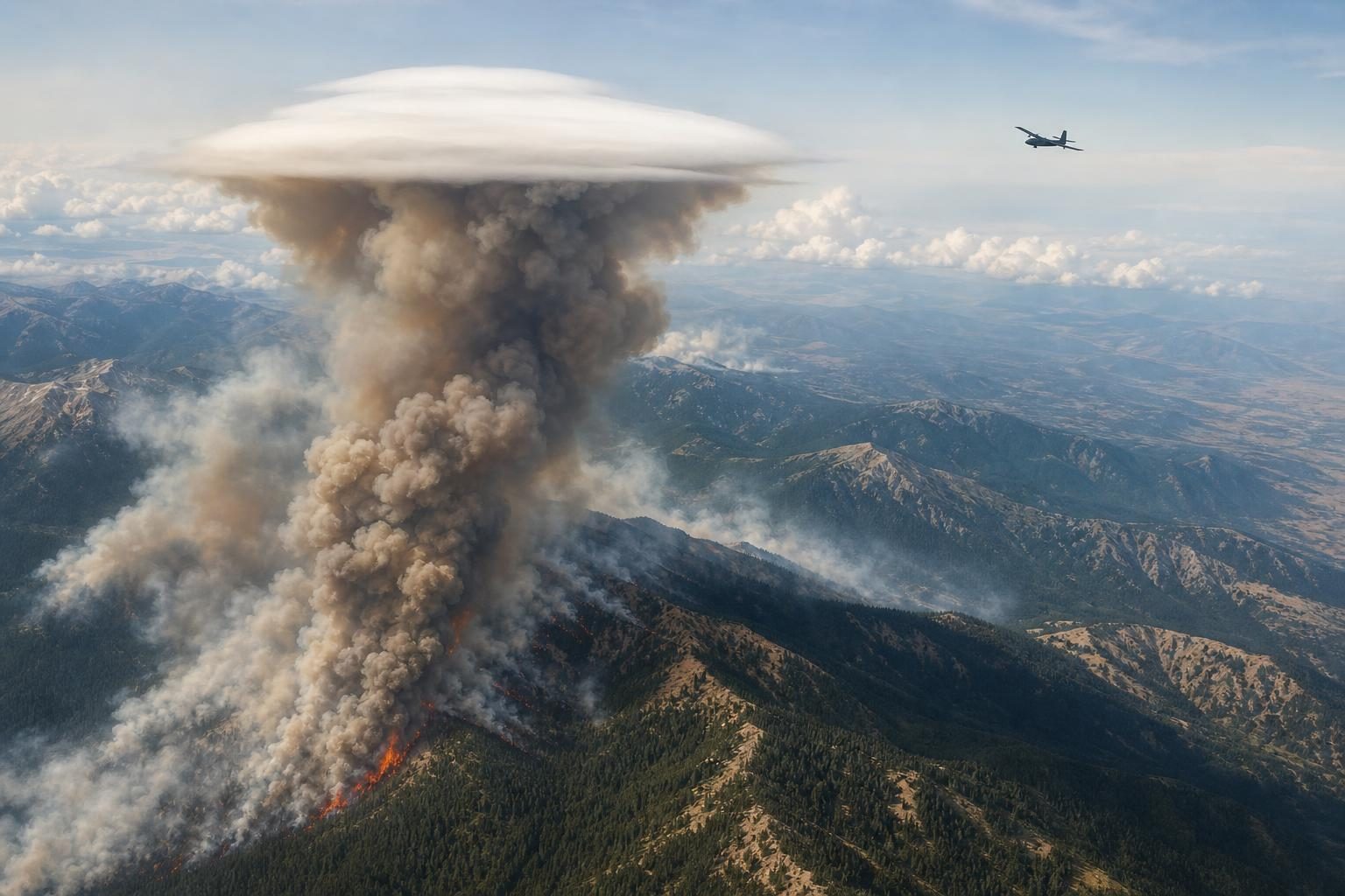 Una nube de humo de un incendio forestal se eleva hacia el cielo con una delgada nube blanca de sombrero sobre ella.