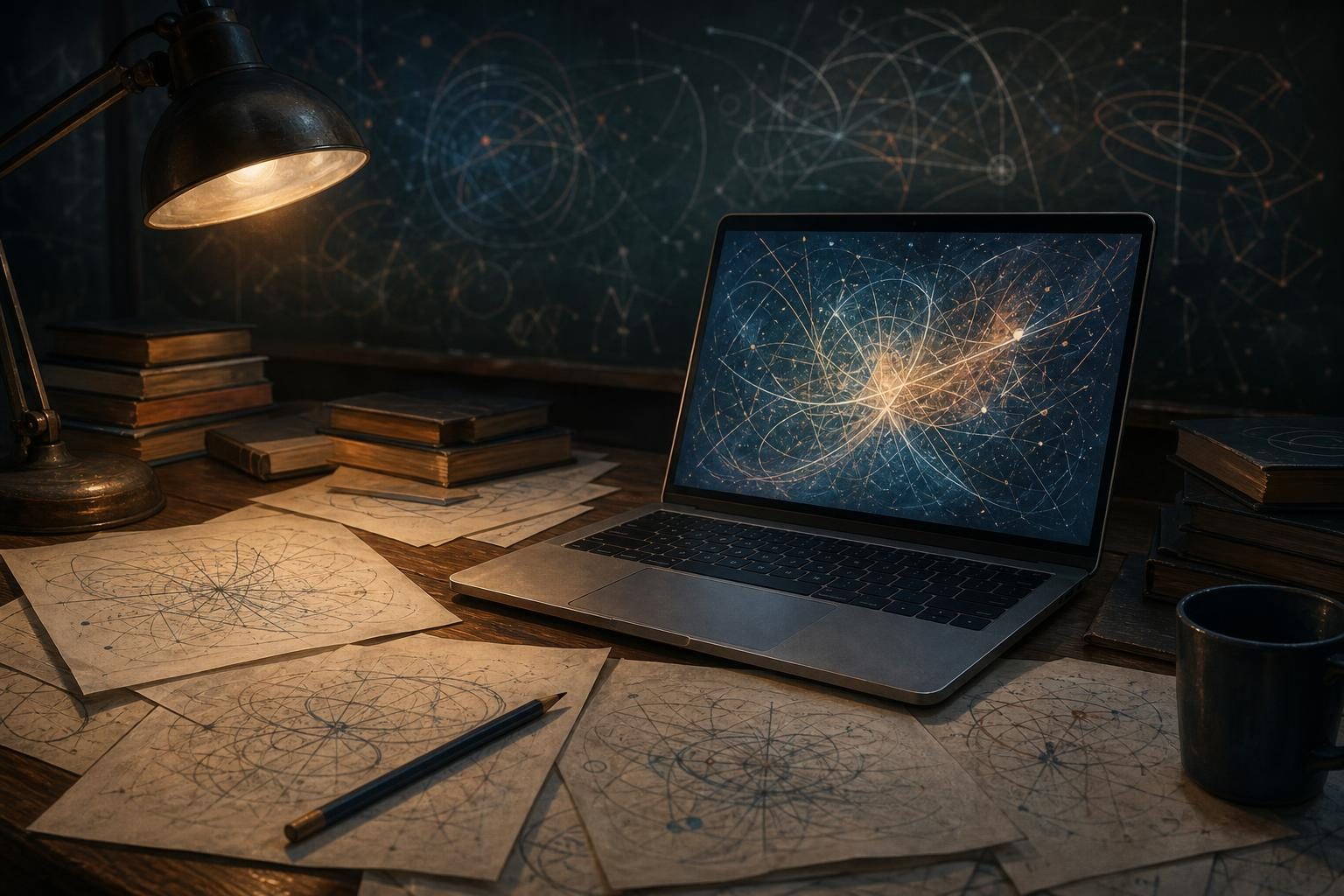 A laptop and handwritten math pages sit on a worktable, suggesting AI-assisted problem solving.