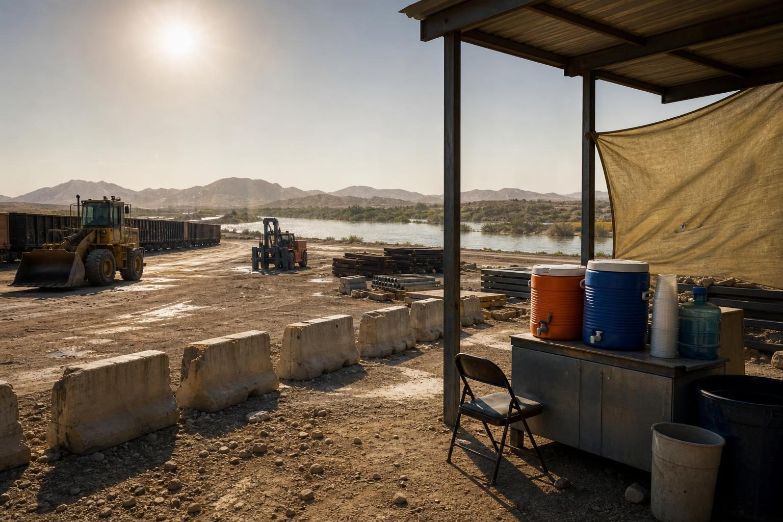 An empty freight and utility worksite sits beside a low river under intense heat, suggesting drought, transport delays, and jobsite safety concerns.