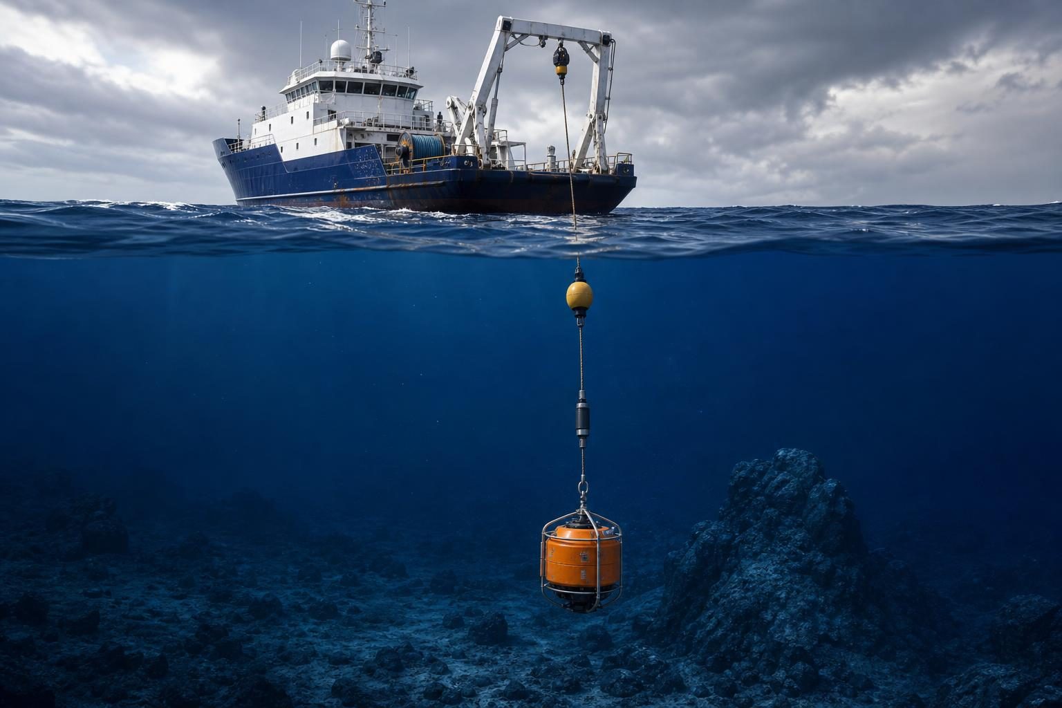 A research ship lowers a waterproof seismometer into the ocean to monitor earthquake vibrations on the seafloor.