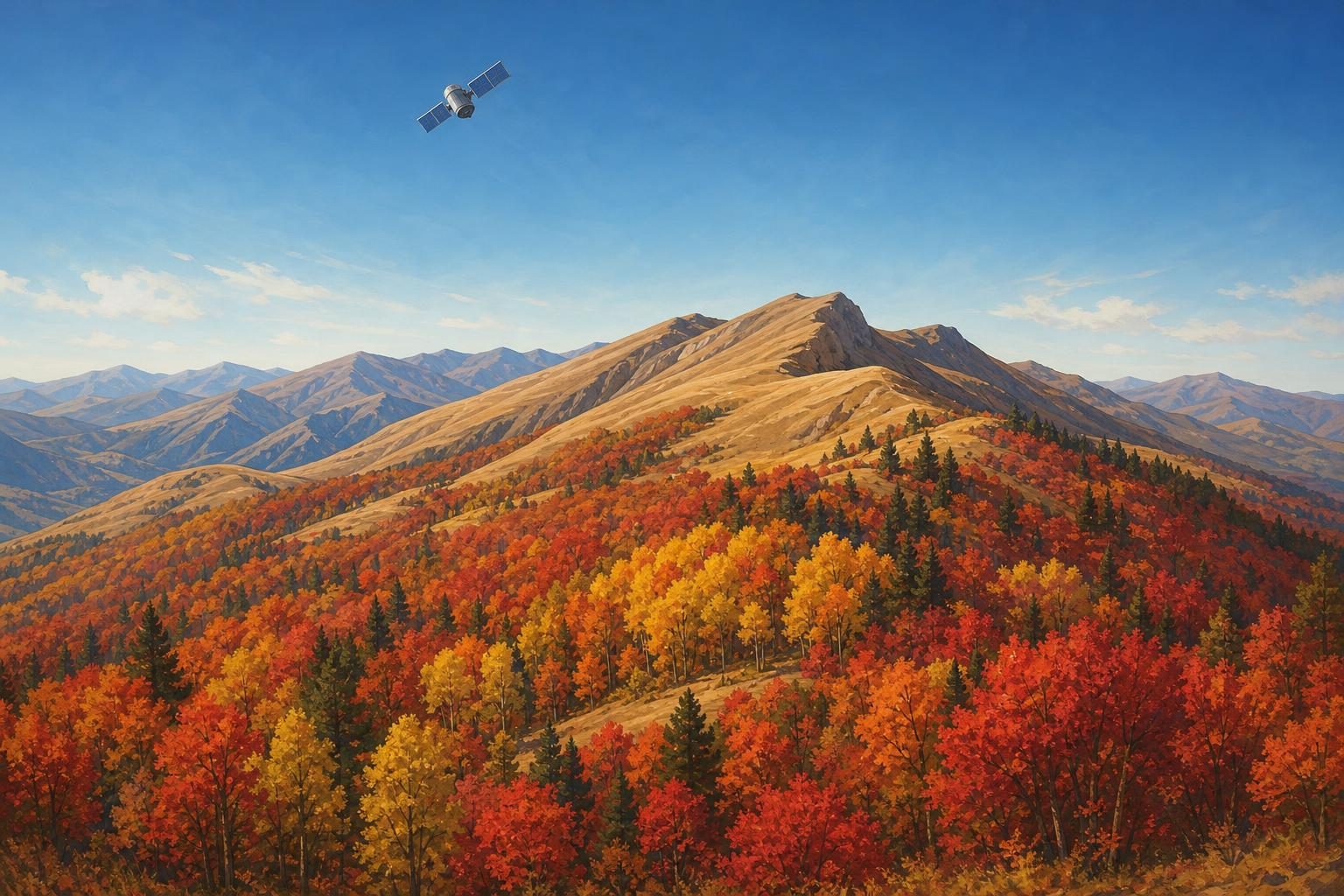 Los colores del otoño cubren los bosques y praderas de las montañas mientras un satélite observa desde arriba.