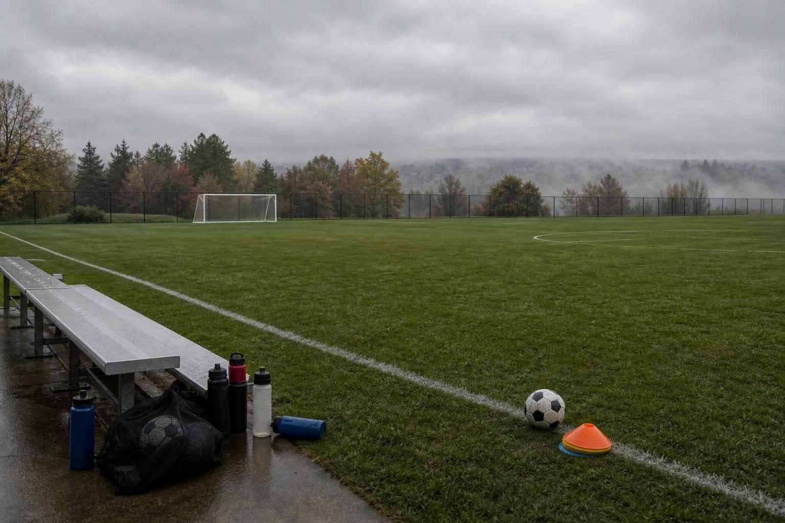 Un campo de fútbol juvenil vacío con una banca junto a la línea lateral y una ligera neblina más allá de la cerca.
