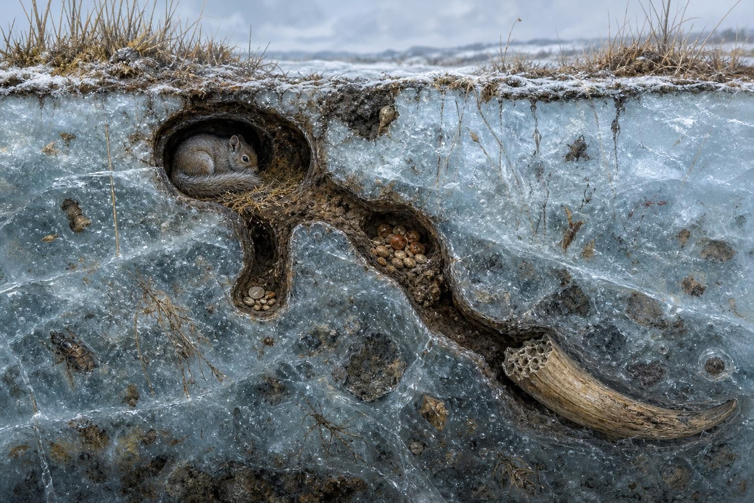 Un corte de hielo de una antigua madriguera de ardilla muestra bolitas conservadas, semillas, insectos y un pequeño fragmento de hueso.