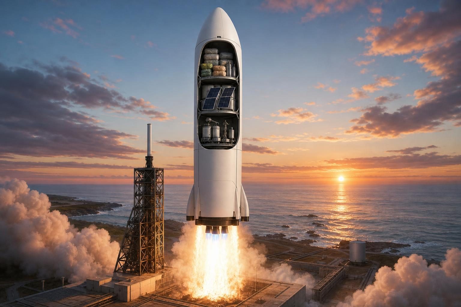 A cargo rocket lifts off while a cutaway capsule shows supplies and science gear headed to space.