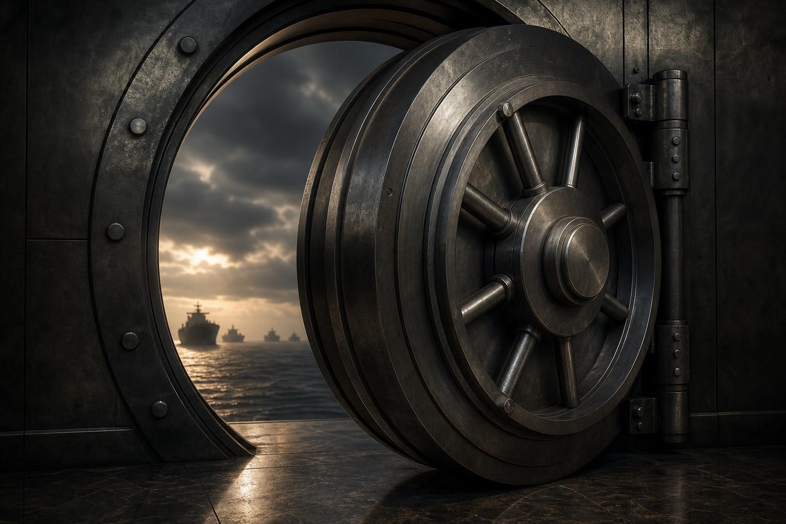 An unmarked bank vault door stands partly closed with distant ships silhouetted behind it.