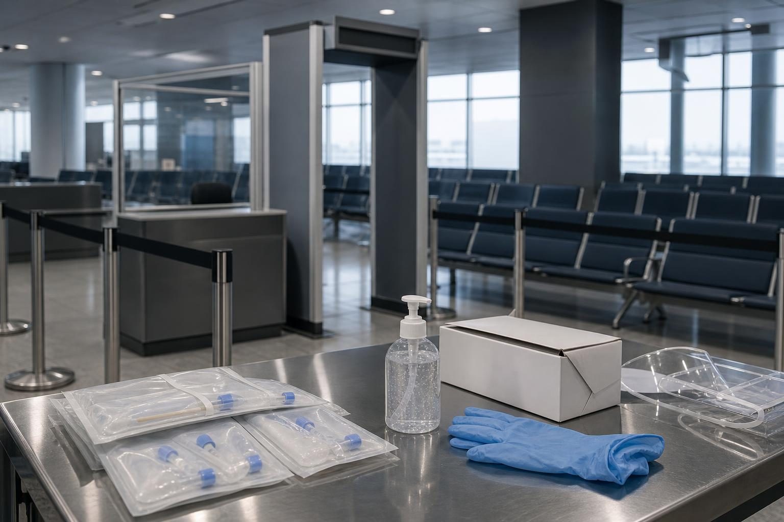 Una zona vacía de revisión de salud en un aeropuerto muestra equipo de protección y kits de prueba listos para el trabajo de control de enfermedades.