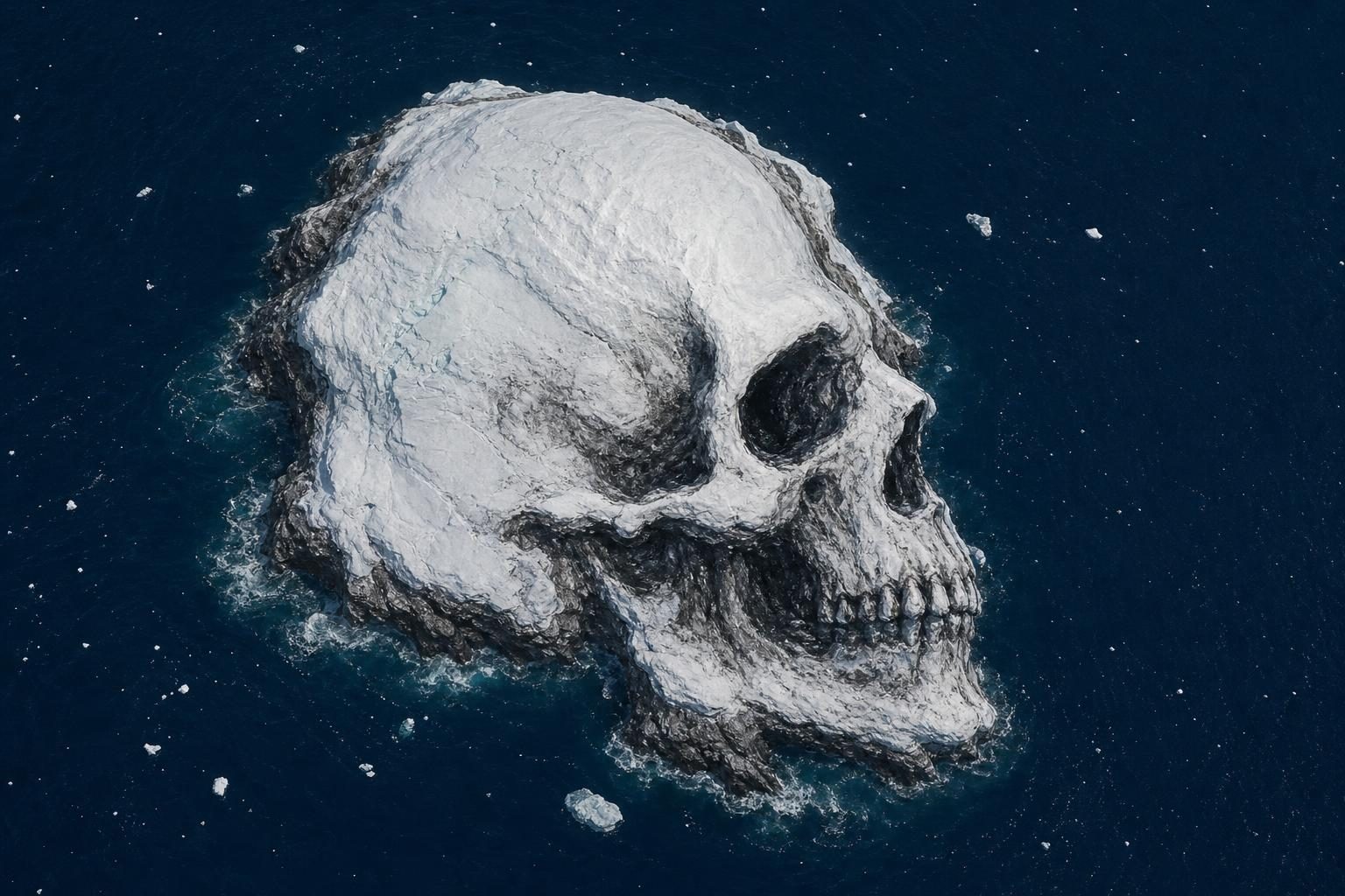 An icy Antarctic island seen from above has dark rock and bare ice that make it look like a skull in blue water.