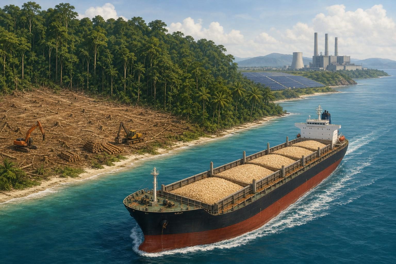 A ship carrying wood pellets departs a partly cleared tropical forest coast toward an industrial energy facility.