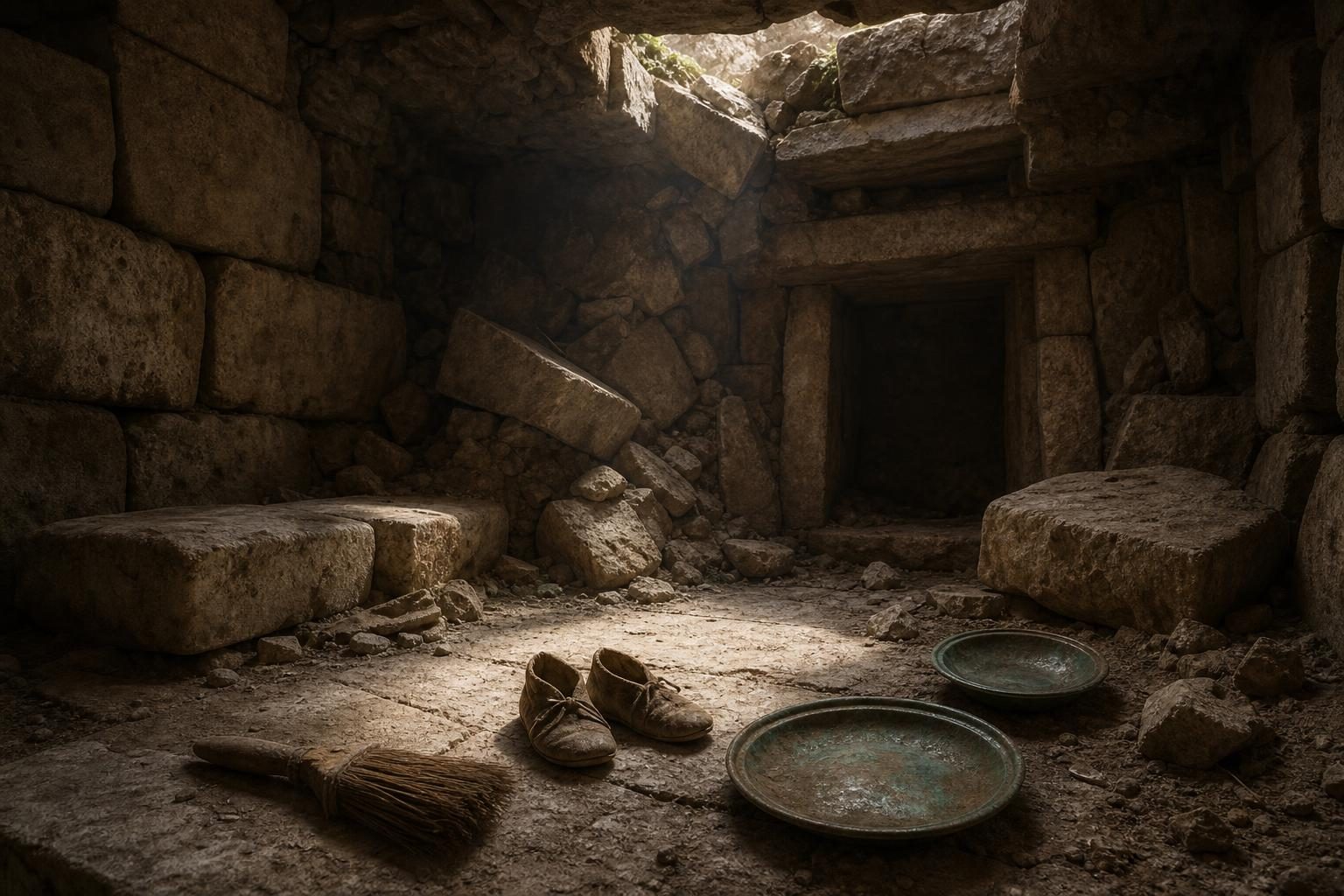 An ancient stone tomb chamber holds shoes, plates, and tools partly uncovered in the dirt.