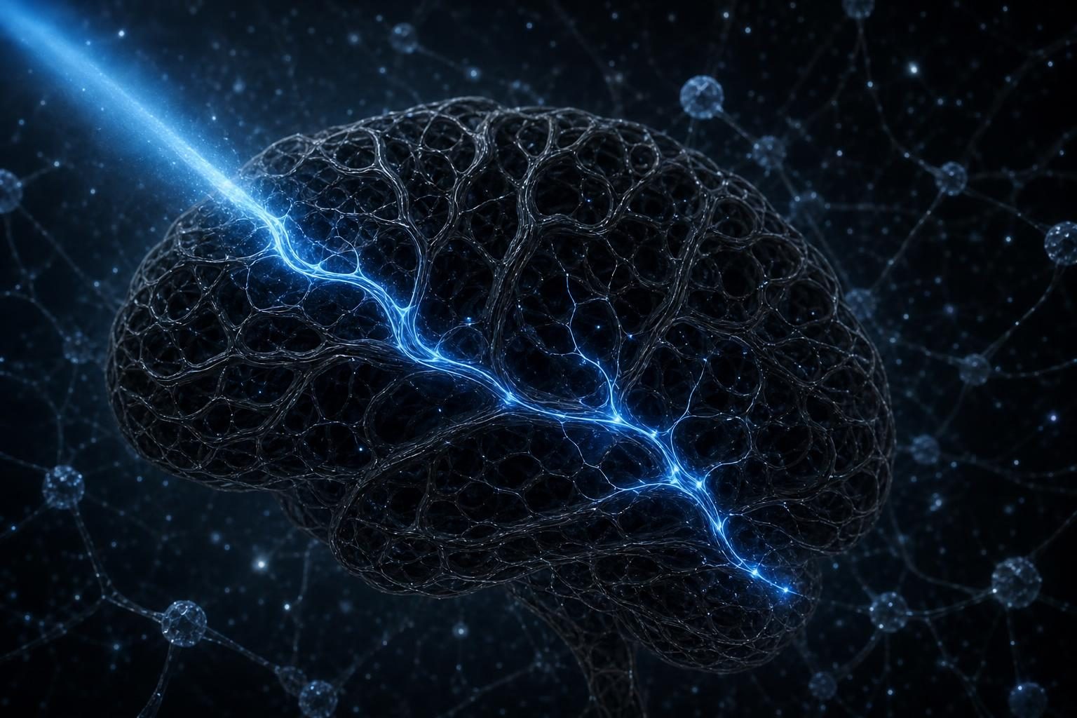 Un haz azul ilumina parte de una red neuronal junto a sensores cubiertos de hielo y estrellas, representando las herramientas científicas ganadoras del Nobel de este año.