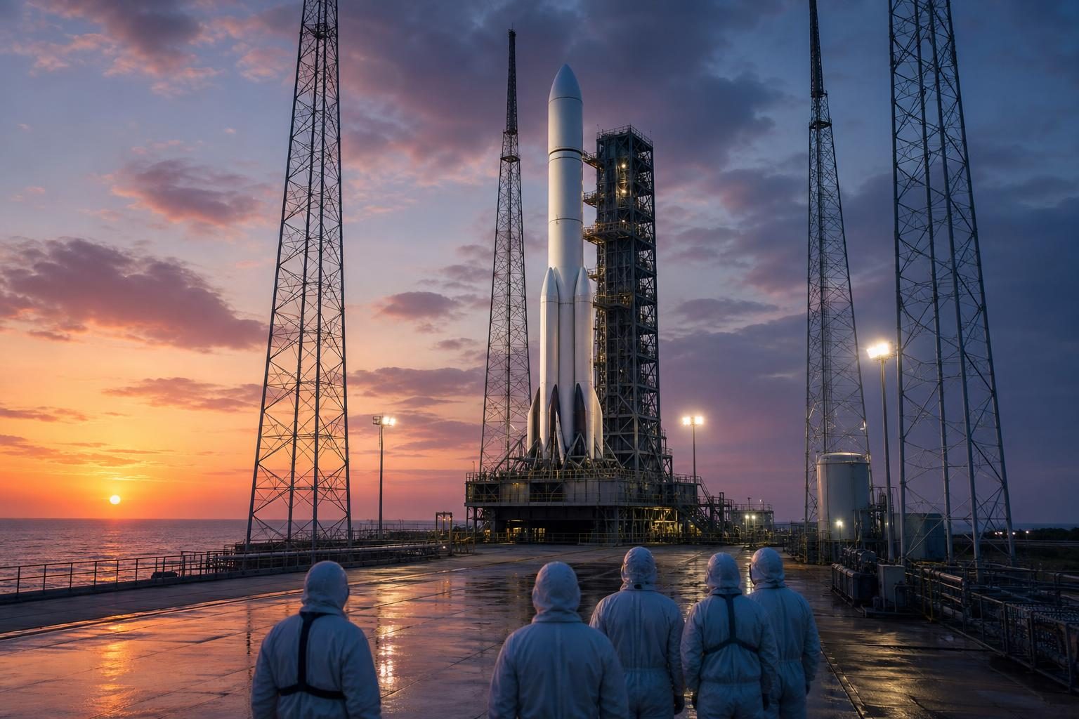 Un cohete espera en una plataforma de lanzamiento al amanecer mientras técnicos inspeccionan el equipo desde lejos.